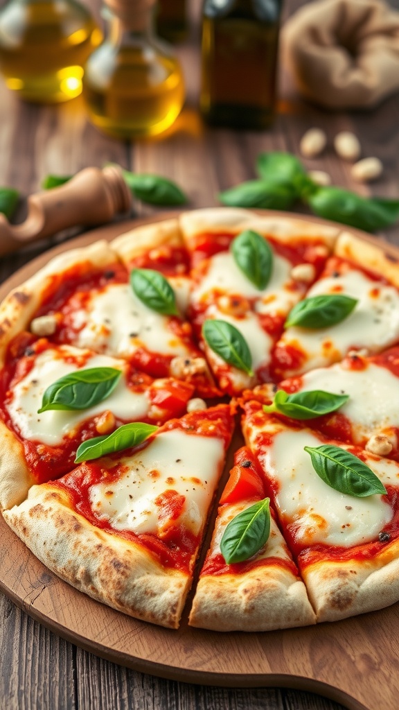 A delicious vegan Margherita pizza with tomato sauce, vegan cheese, and fresh basil on a wooden cutting board.